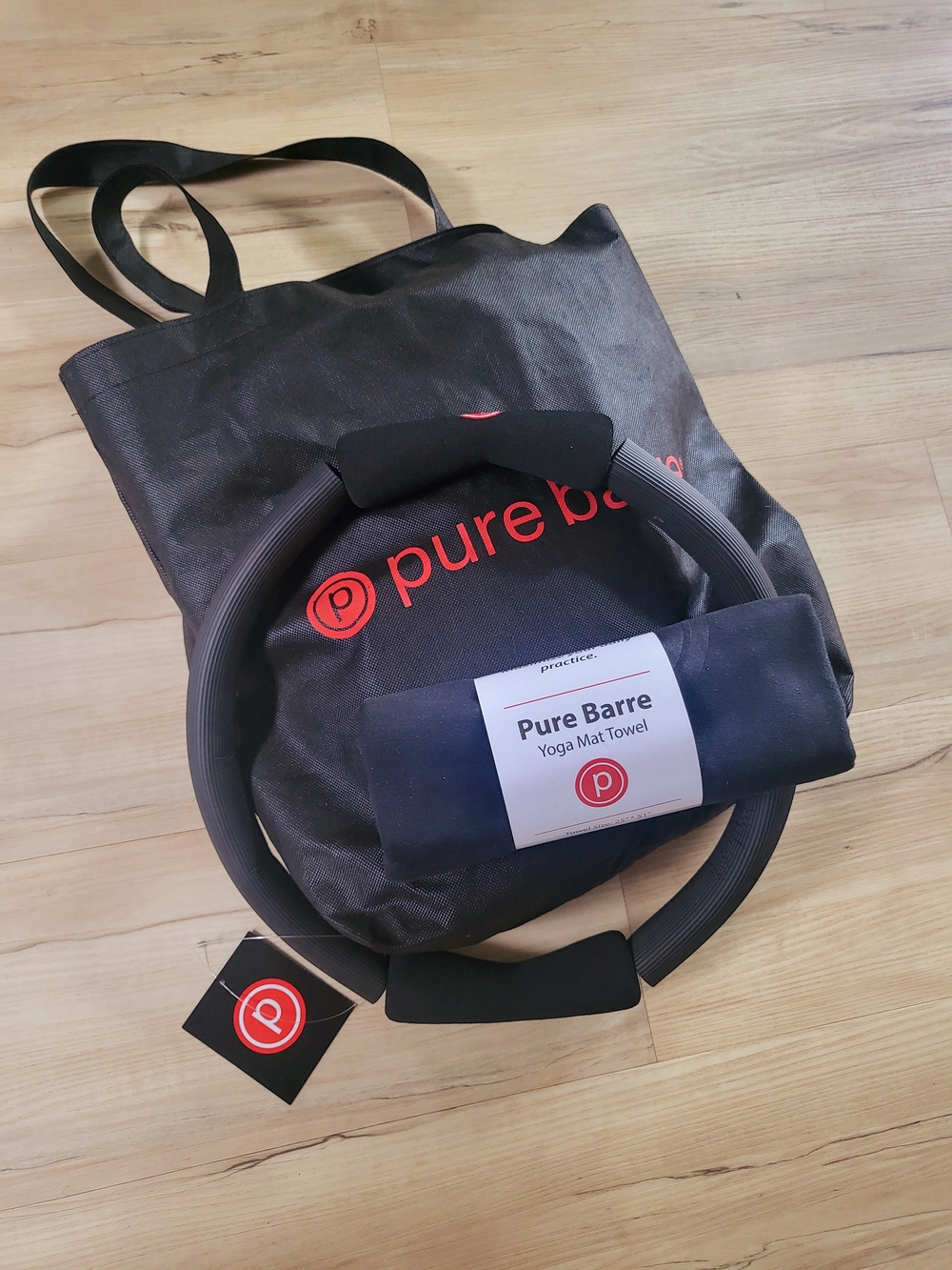 Pure Barre Black Tote with Red Logo and Black Accessories
